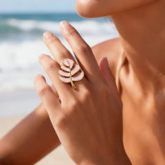 18KG color enamel Monstera deliciosa leaf shape stainless steel rings