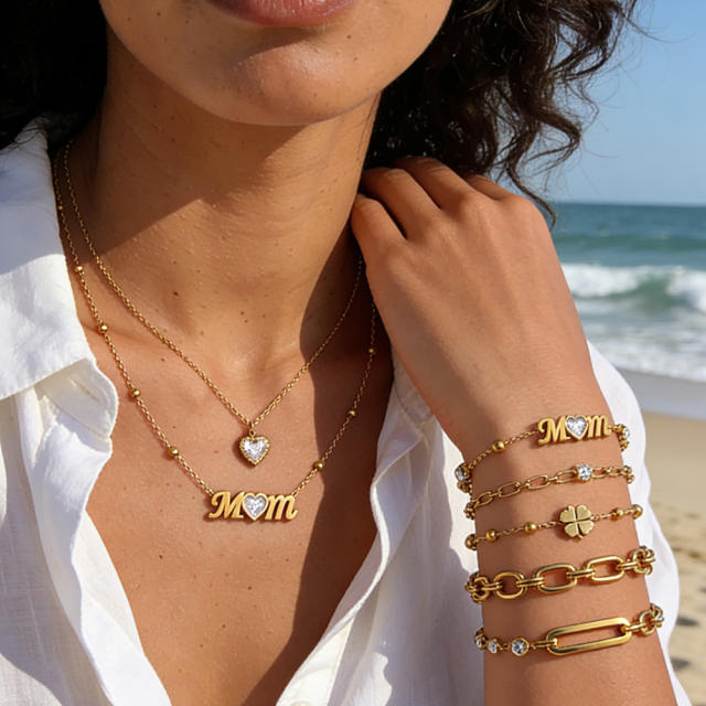 Mother's day diamond heart stainless steel necklace bracelet set