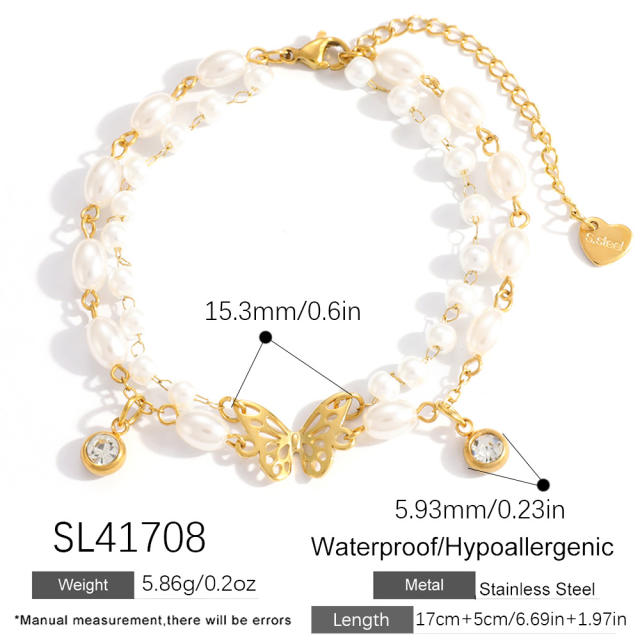 18KG earl spring hollow out butterfly pearl bead stainless steel bracelet