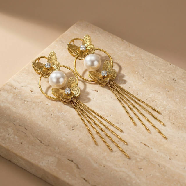 Imitation pearl bead chain tassel butterfly stainless steel earrings