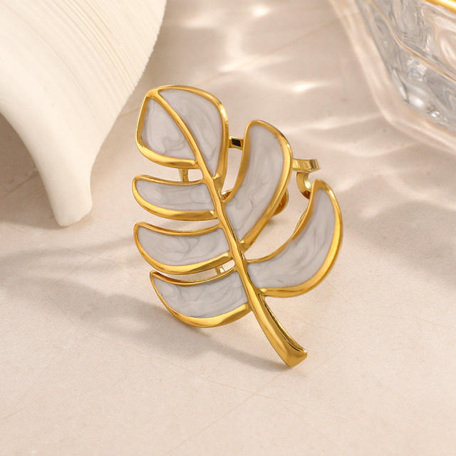 18KG color enamel Monstera deliciosa leaf shape stainless steel rings