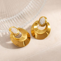 18KG cubic zircon inlaid circle shape stainless steel earrings