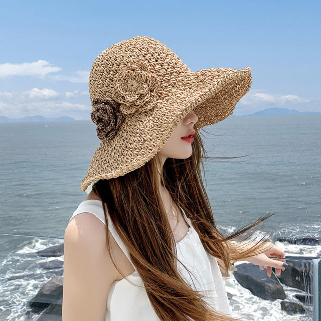 Straw hat women's summer beach hat foldable sunscreen big eaves seaside hat