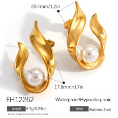 Elegant pearl inlaid unique drop shape stainless steel earrings
