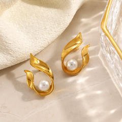 Elegant pearl inlaid unique drop shape stainless steel earrings