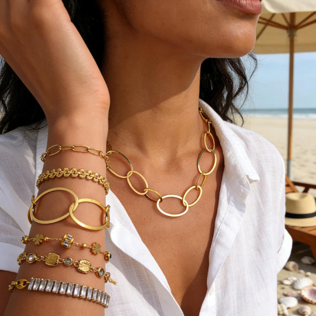 Simple geometric Oval shape chain stainless steel necklace bracelet set