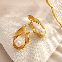 Elegant pearl inlaid unique drop shape stainless steel earrings