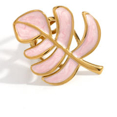 18KG color enamel Monstera deliciosa leaf shape stainless steel rings
