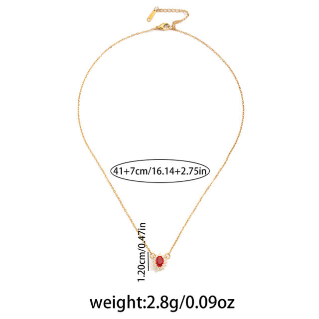 Elegant oval ruby cubic zircon dainty stainless steel necklace