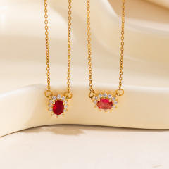 Elegant oval ruby cubic zircon dainty stainless steel necklace