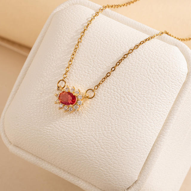 Elegant oval ruby cubic zircon dainty stainless steel necklace