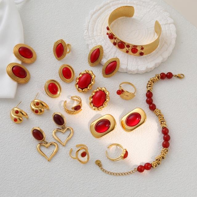 Spring new design red color series stainless steel earrings rings set