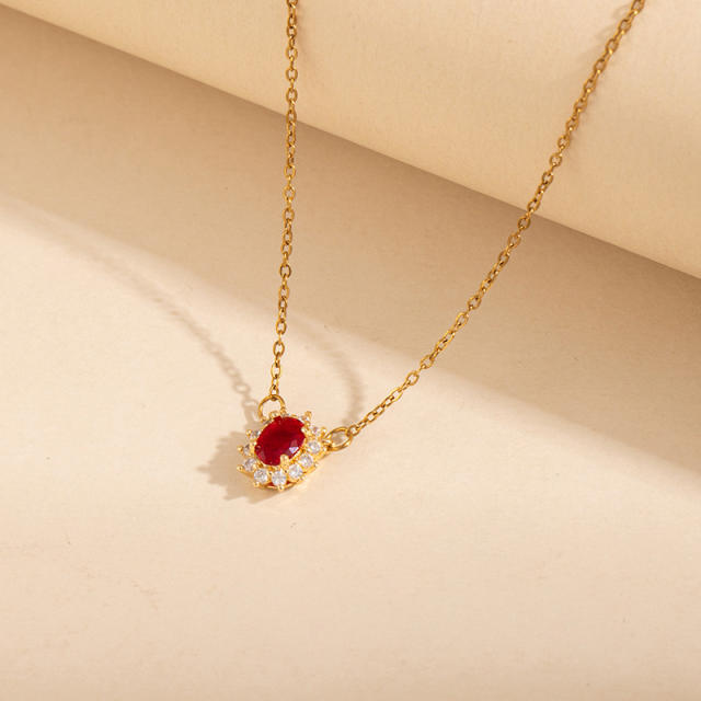 Elegant oval ruby cubic zircon dainty stainless steel necklace