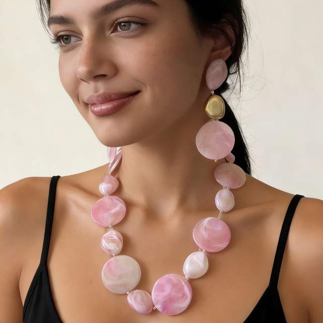 Sweet pink color acrylic round piece necklace earrings set