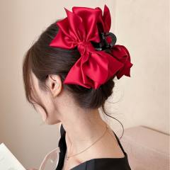 Large size satin big bow hair claw clips for women
