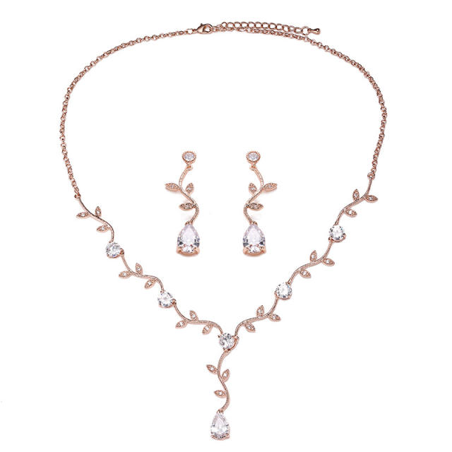 Korean-style simple fashion leaf-shaped flower branch set chain micro-inlaid AAA zircon necklace set