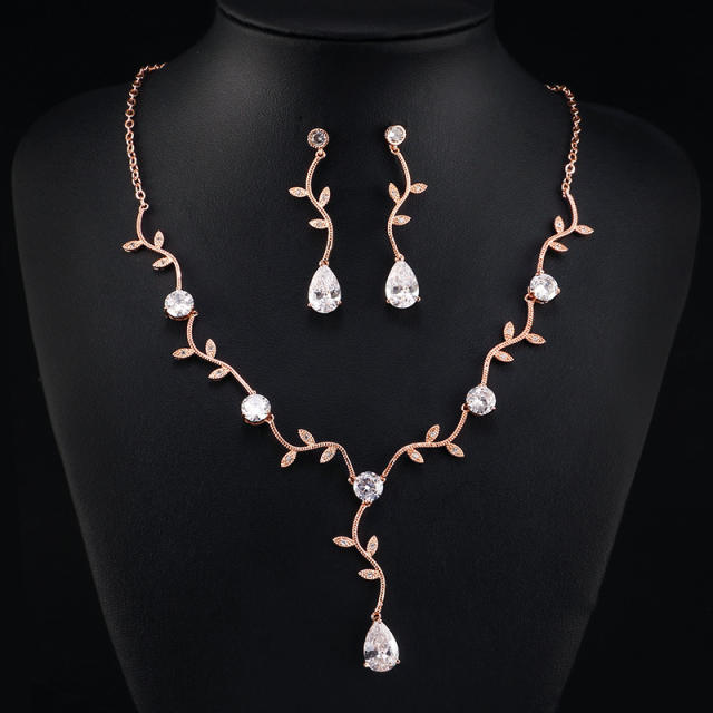Korean-style simple fashion leaf-shaped flower branch set chain micro-inlaid AAA zircon necklace set