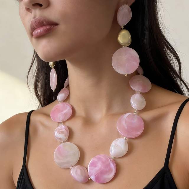 Sweet pink color acrylic round piece necklace earrings set