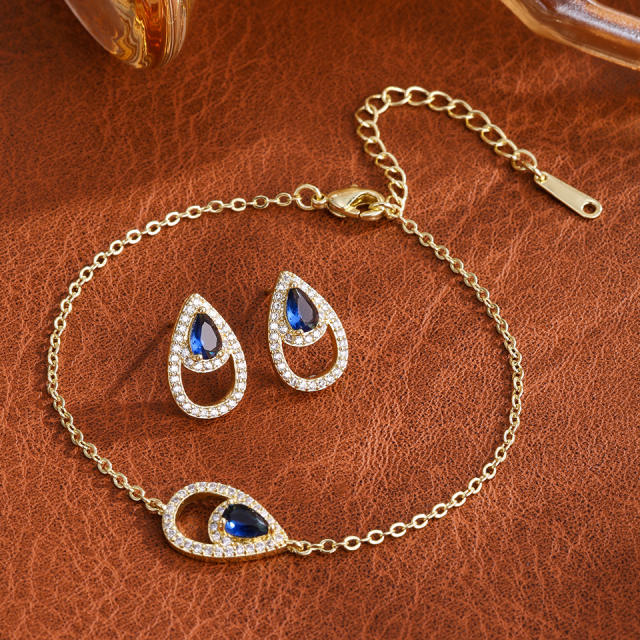 Personalized   Copper Inlaid Zirconium Water Drop Bracelet Earrings set