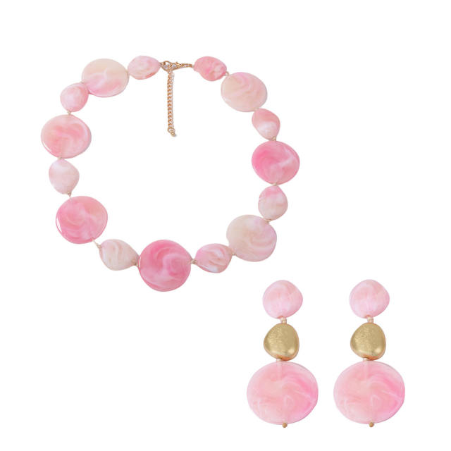 Sweet pink color acrylic round piece necklace earrings set