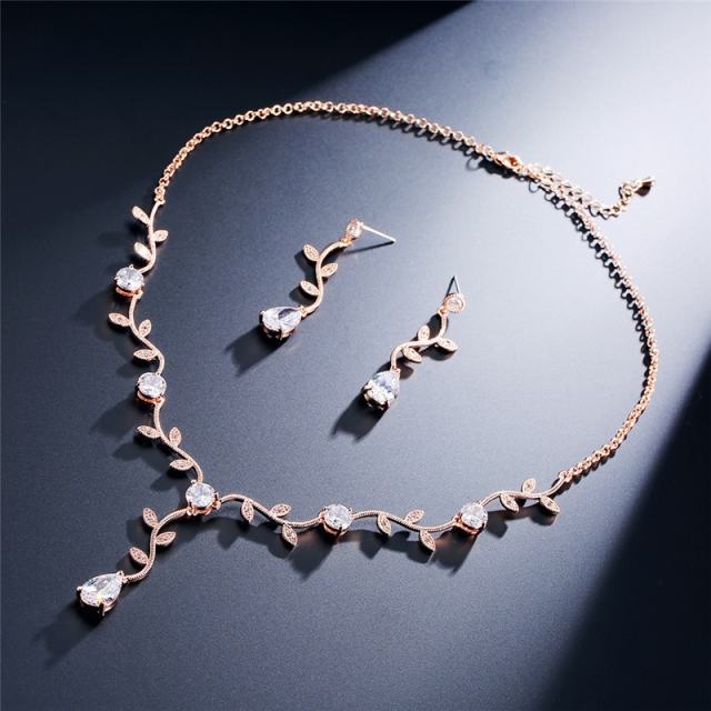 Korean-style simple fashion leaf-shaped flower branch set chain micro-inlaid AAA zircon necklace set