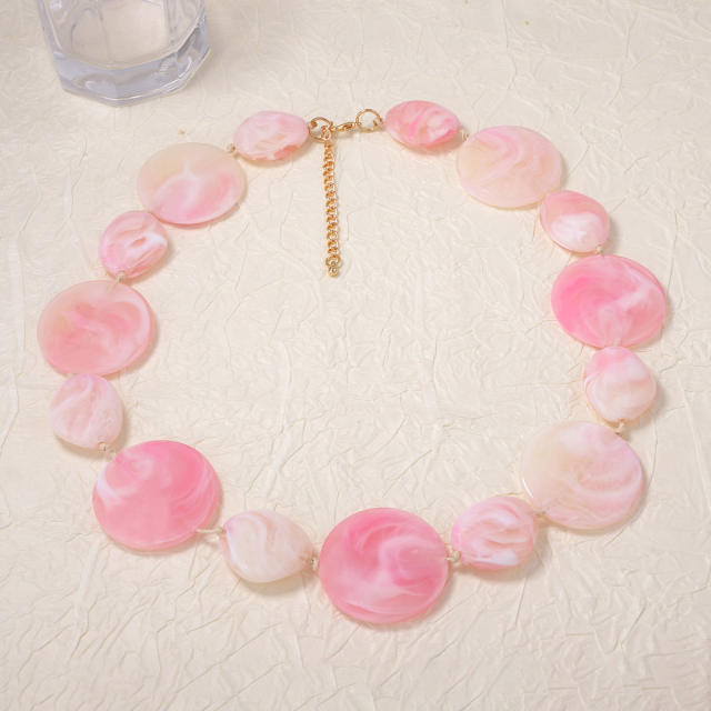 Sweet pink color acrylic round piece necklace earrings set