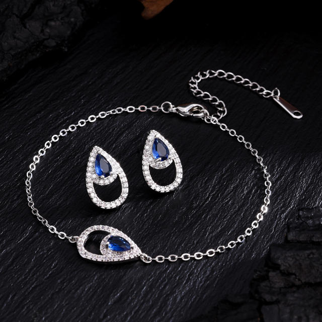 Personalized   Copper Inlaid Zirconium Water Drop Bracelet Earrings set