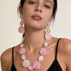 Sweet pink color acrylic round piece necklace earrings set