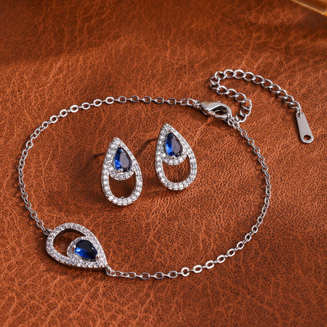 Personalized   Copper Inlaid Zirconium Water Drop Bracelet Earrings set