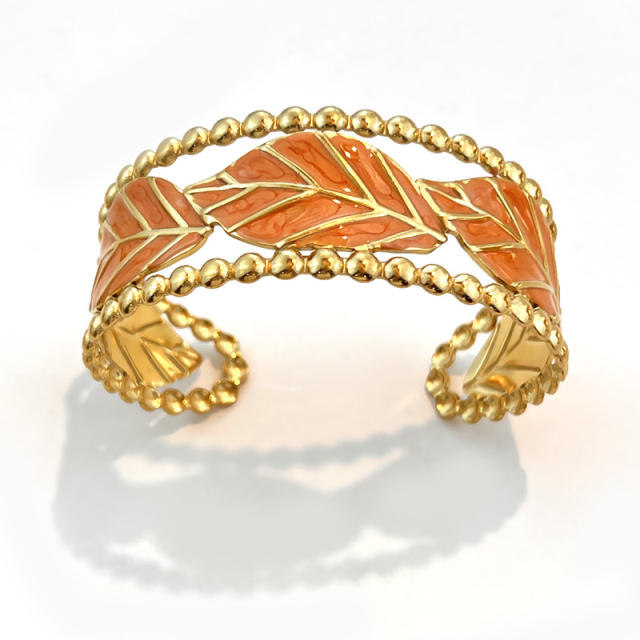 18KG orange color enamel leaf design stainless steel bangle bracelet