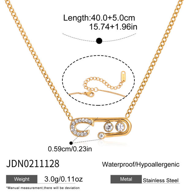 18KG diamond paperclip stainless steel necklace earrings set