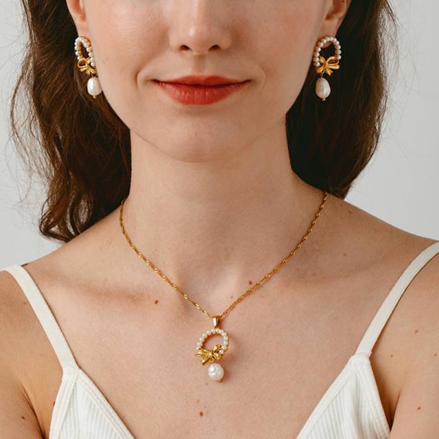 Elegant pearl bead inlaid star bow dainty stainless steel necklace earrings