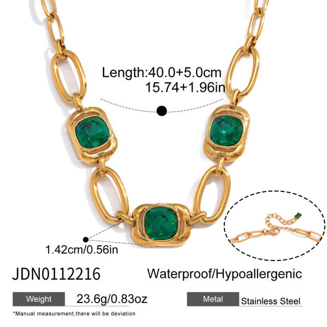 Green glass crystal inlaid stainless steel bracelet earrings set
