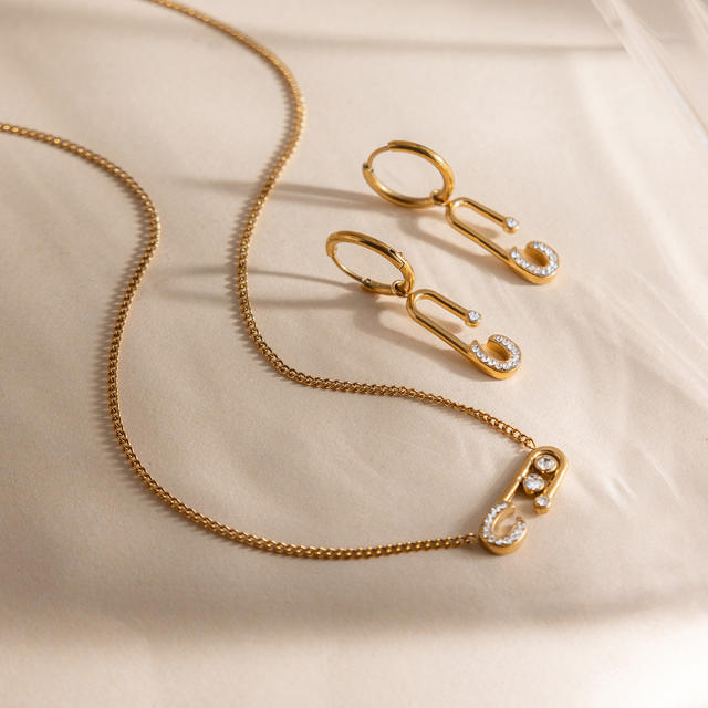 18KG diamond paperclip stainless steel necklace earrings set