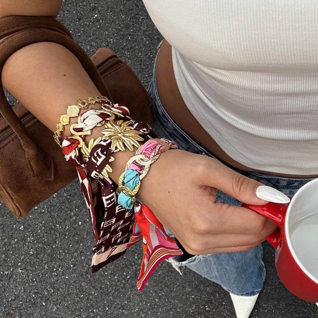 Popular Hollow Ring Stainless Steel Bracelet Flower Copper Coin Bohemian Silk Scarf Wrapped Hand Jewelry Set
