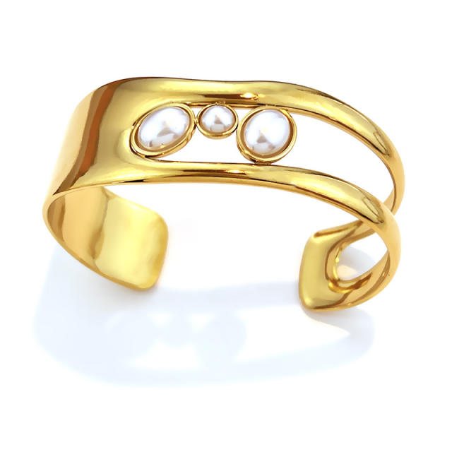 18KG pearl natural stone inlaid hollow out stainless steel bangle bracelet
