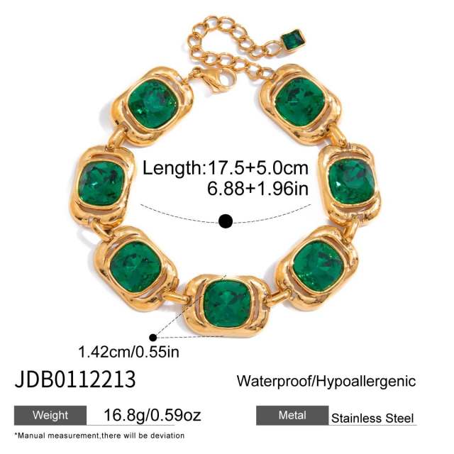 Green glass crystal inlaid stainless steel bracelet earrings set