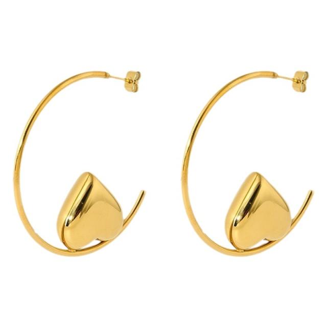 Exaggerated Glossy Round Ball Heart-Shaped Stainless Steel Earrings
