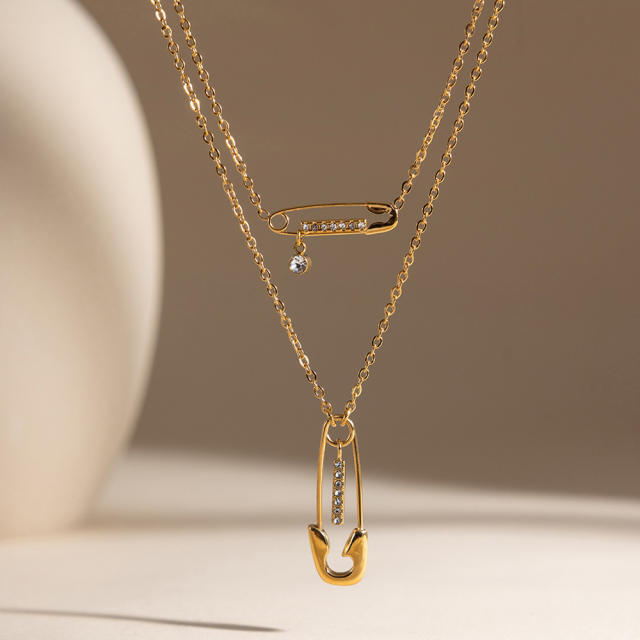 18KG classic diamond paperclip two layer stainless steel necklace dainty necklace