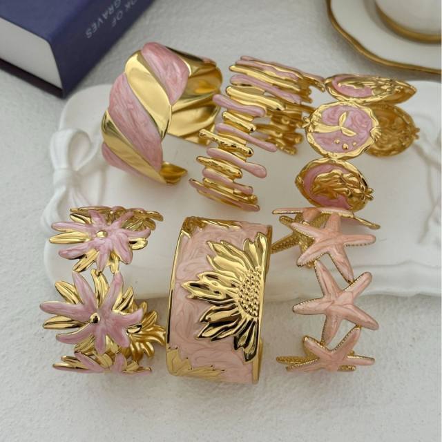 Hot sale sweet pink color enamel stainless steel bangle bracelet holiday ocean hand jewelry
