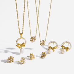 Elegant pearl bead inlaid star bow dainty stainless steel necklace earrings