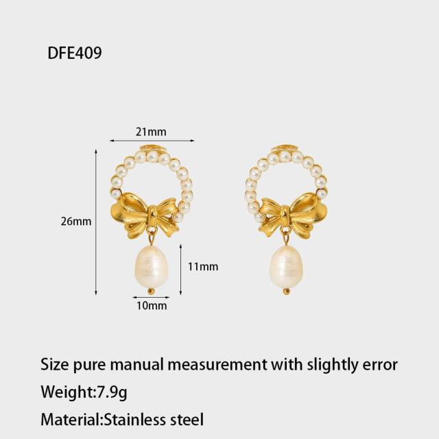 Elegant pearl bead inlaid star bow dainty stainless steel necklace earrings
