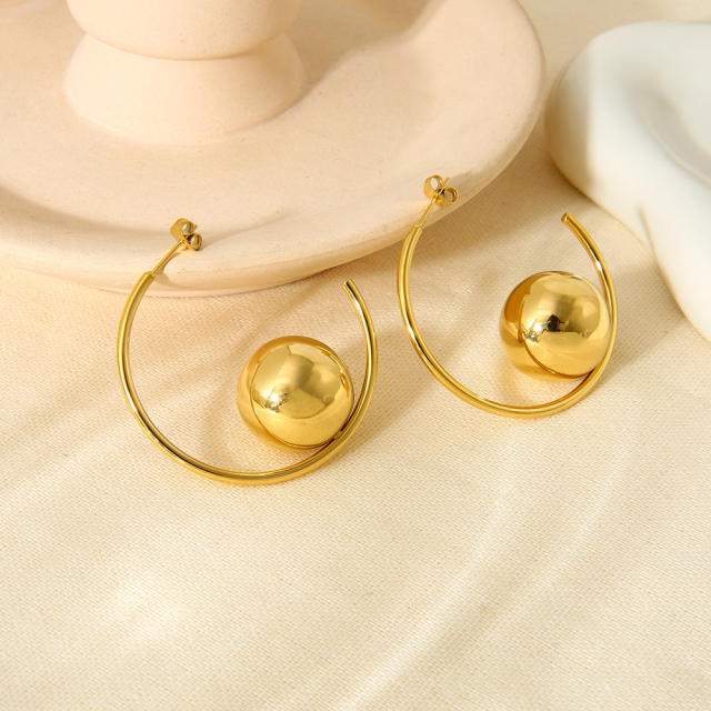 Exaggerated Glossy Round Ball Heart-Shaped Stainless Steel Earrings