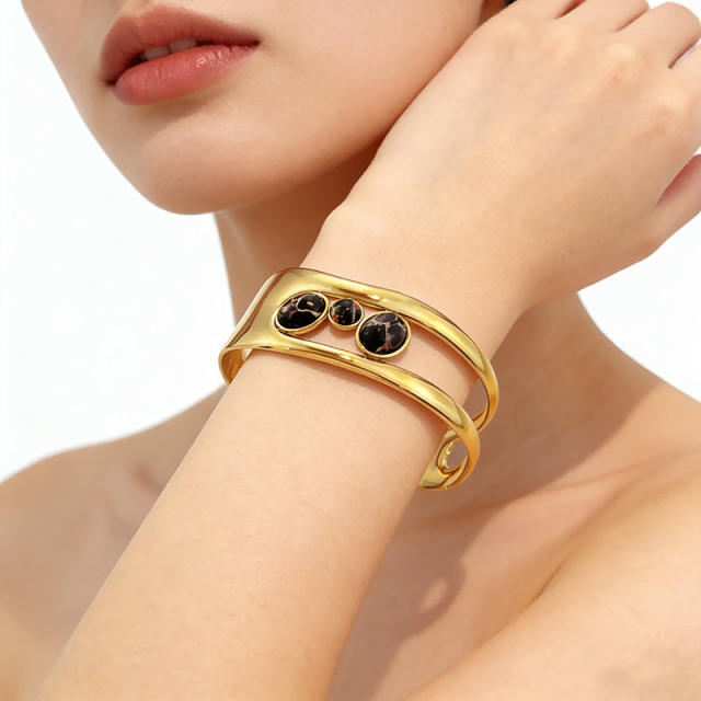 18KG pearl natural stone inlaid hollow out stainless steel bangle bracelet