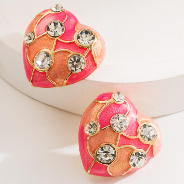 Elegant color enamel heart diamond ear studs earrings