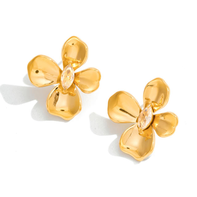 Elegant Stainless Steel Flower Zircon Stud Earrings