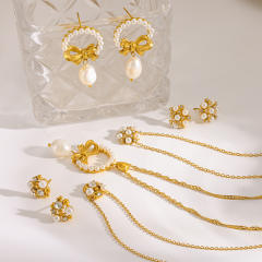 Elegant pearl bead inlaid star bow dainty stainless steel necklace earrings