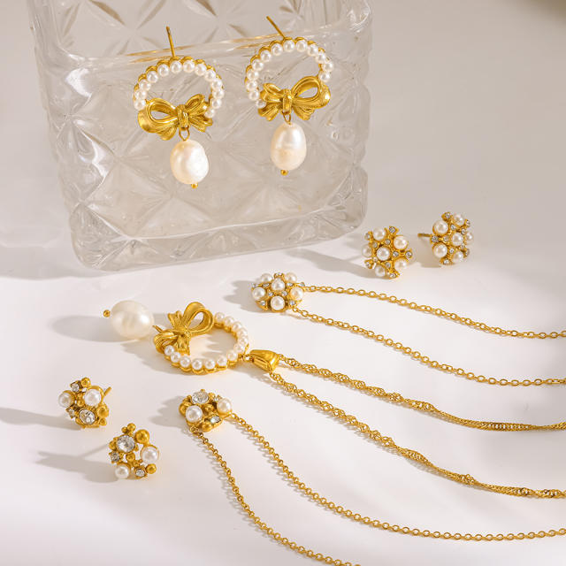 Elegant pearl bead inlaid star bow dainty stainless steel necklace earrings