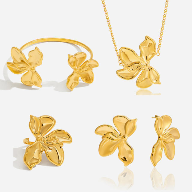 Elegant gold color leaf design stainless steel necklace bangle earrings set