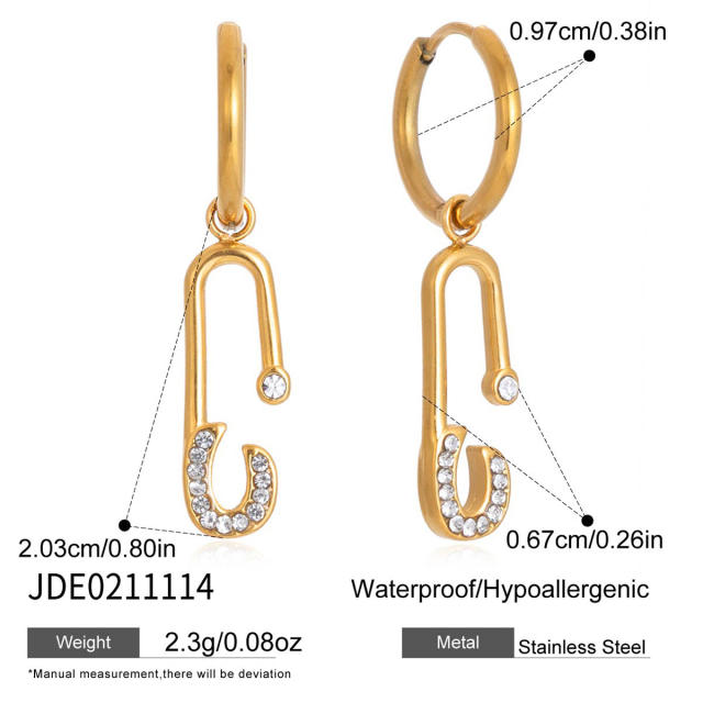 18KG diamond paperclip stainless steel necklace earrings set